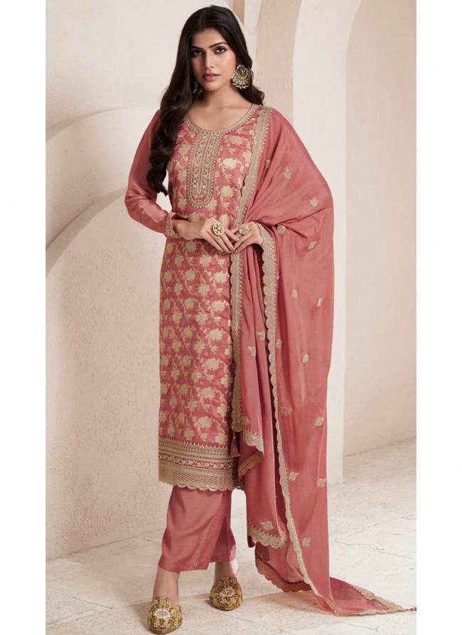 Silk Peach Ceremonial Wear Embroidery Work Plazzo Suit